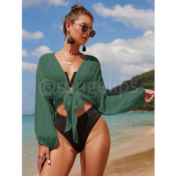 Beach Swim Cover Up Top Green Crop Shirt Tie Front Bishop Long Sleeve Deep V - Picture 6 of 9